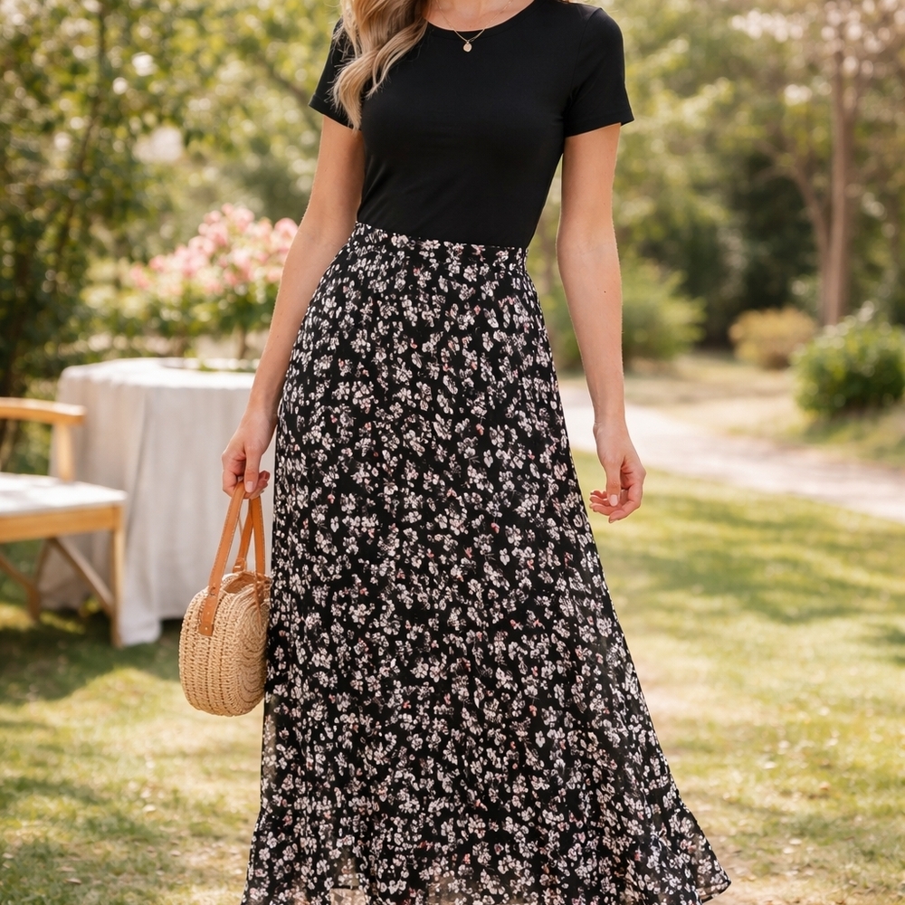 Chaps Black Maxi Skirt with Black Pink/White Floral Summer Print Size XL